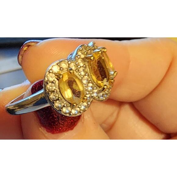 Citrine Halo Ring Size 8/Citrine Three Stone Ring/Oval Cut/ White Topaz Halo - Picture 5 of 6